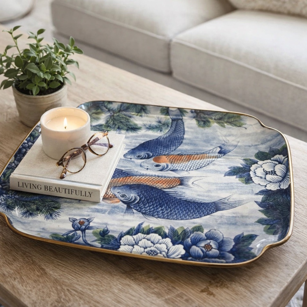 Koi Fish Decorative Tray Blue White Orange Chinoiserie Asian Serving Platter